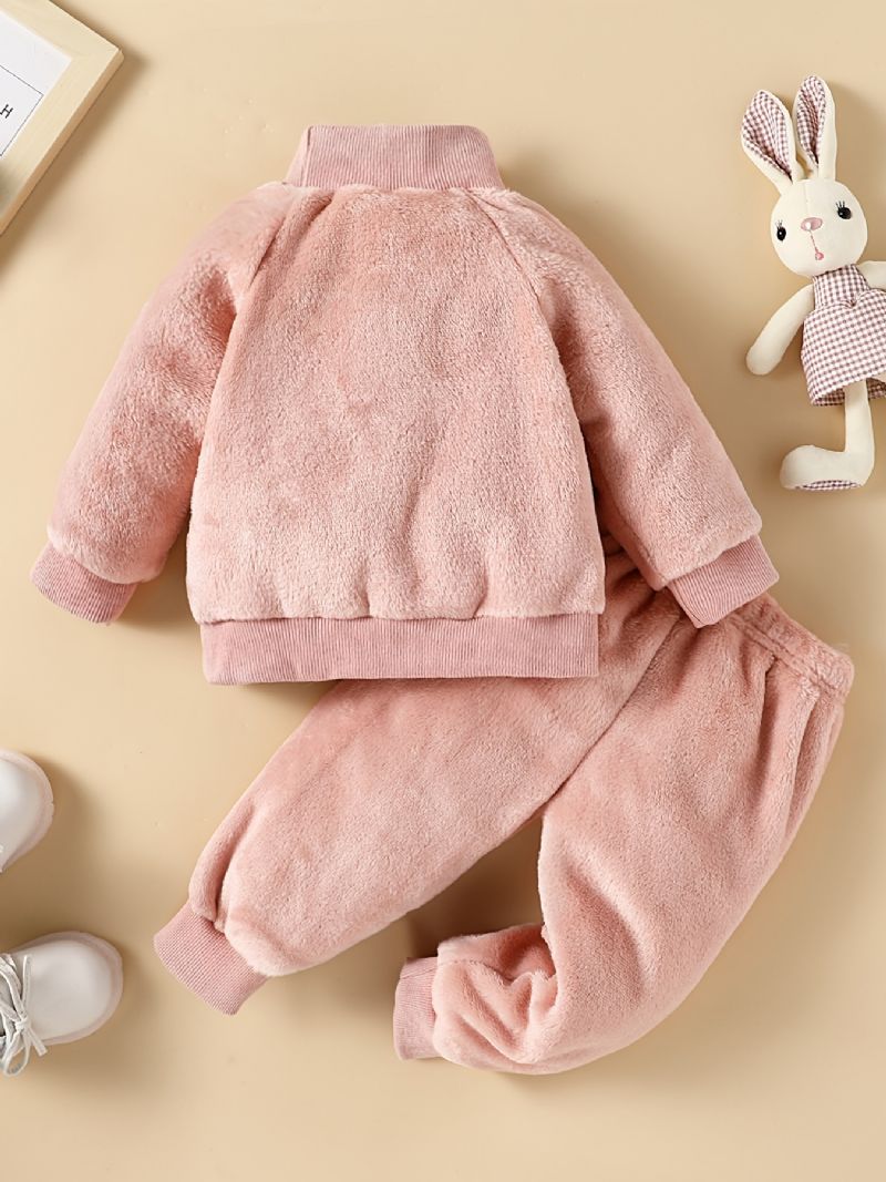 Babypiger Kaninmønster Rullekrave Fleece Sweatshirt + Matchende Joggingbukser Sæt Til Vinter Babytøj