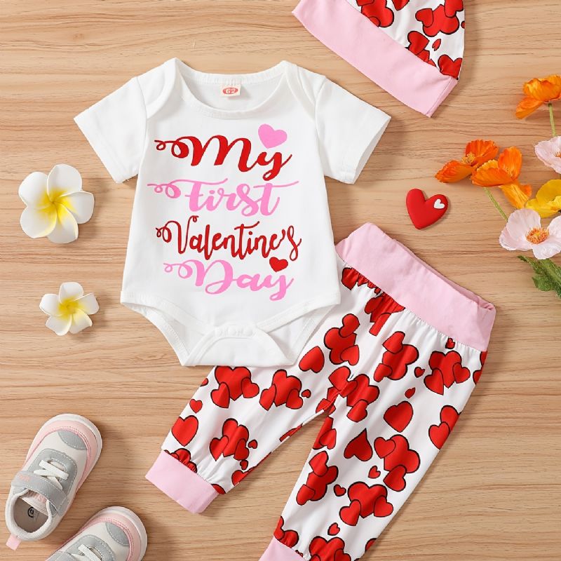 Babypiger Kortærmet Rullebukser + Matchende Hjerteprint + Hattesæt Bodysuit Onesie Babytøj Babylayettesæt