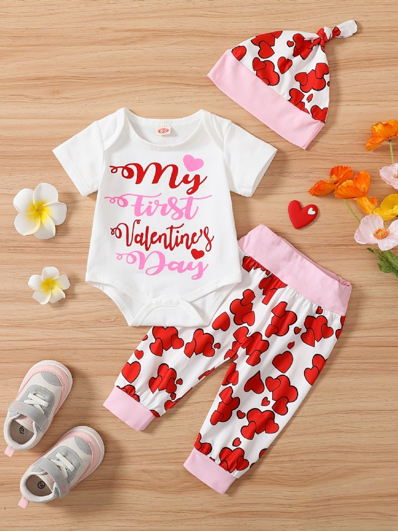 Babypiger Kortærmet Rullebukser + Matchende Hjerteprint + Hattesæt Bodysuit Onesie Babytøj Babylayettesæt