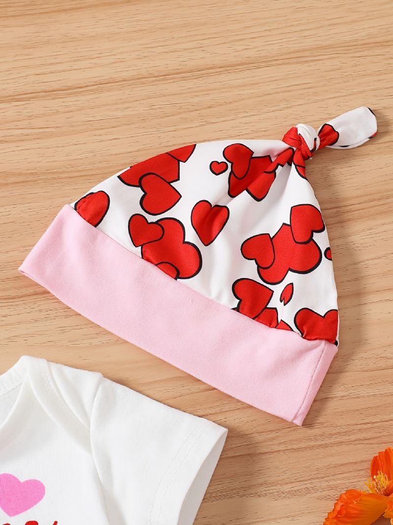 Babypiger Kortærmet Rullebukser + Matchende Hjerteprint + Hattesæt Bodysuit Onesie Babytøj Babylayettesæt