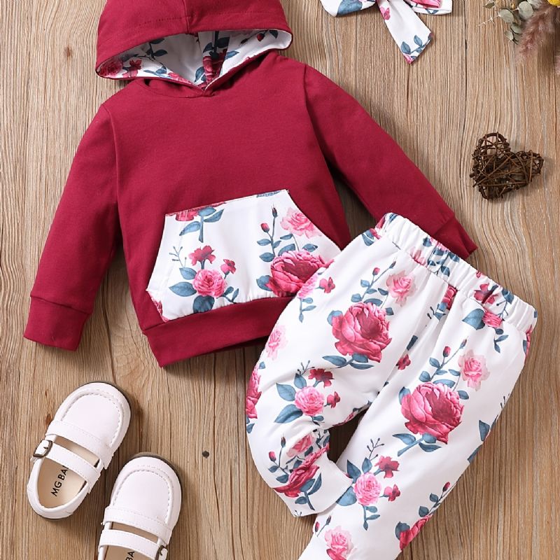 Babypiger Langærmet Blomstret Hættetrøje & Matchende Bukser & Pandebånd Outfit Sæt Tøj