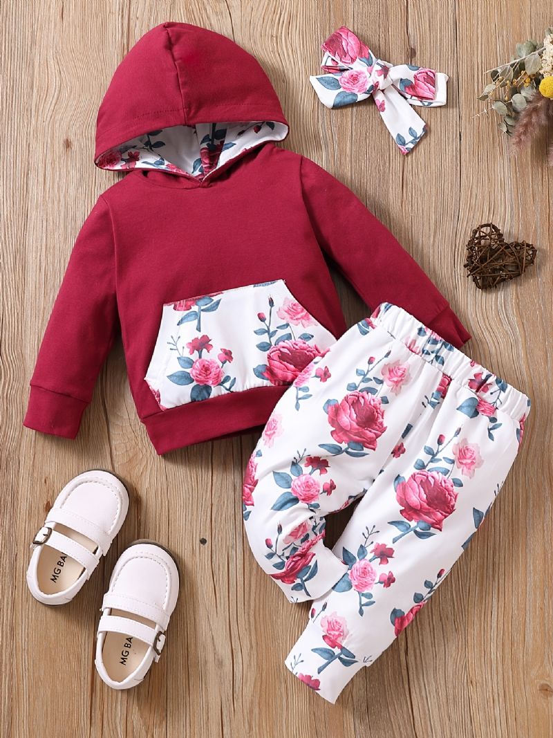 Babypiger Langærmet Blomstret Hættetrøje & Matchende Bukser & Pandebånd Outfit Sæt Tøj