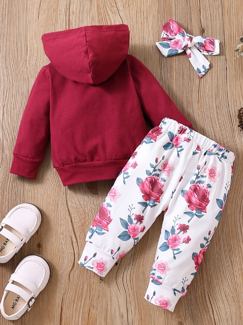 Babypiger Langærmet Blomstret Hættetrøje & Matchende Bukser & Pandebånd Outfit Sæt Tøj