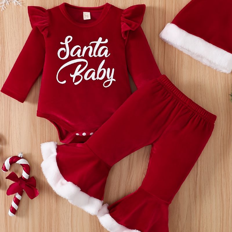 Babypiger Langærmet Bodysuit & Bukser Og Hattesæt Nyfødt Babysæt Til Jul Babytøj