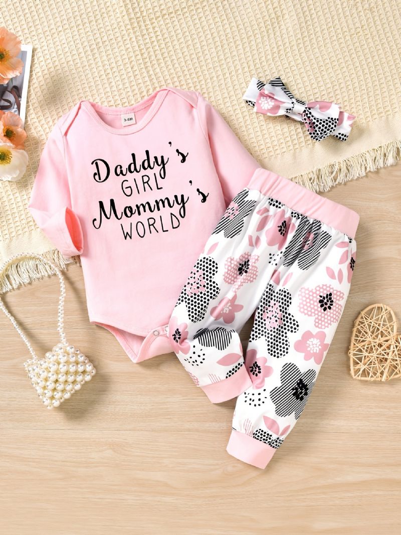 Babypiger Langærmet Bodysuit Onesie & Blomsterprint Bukser & Pandebånd Sæt