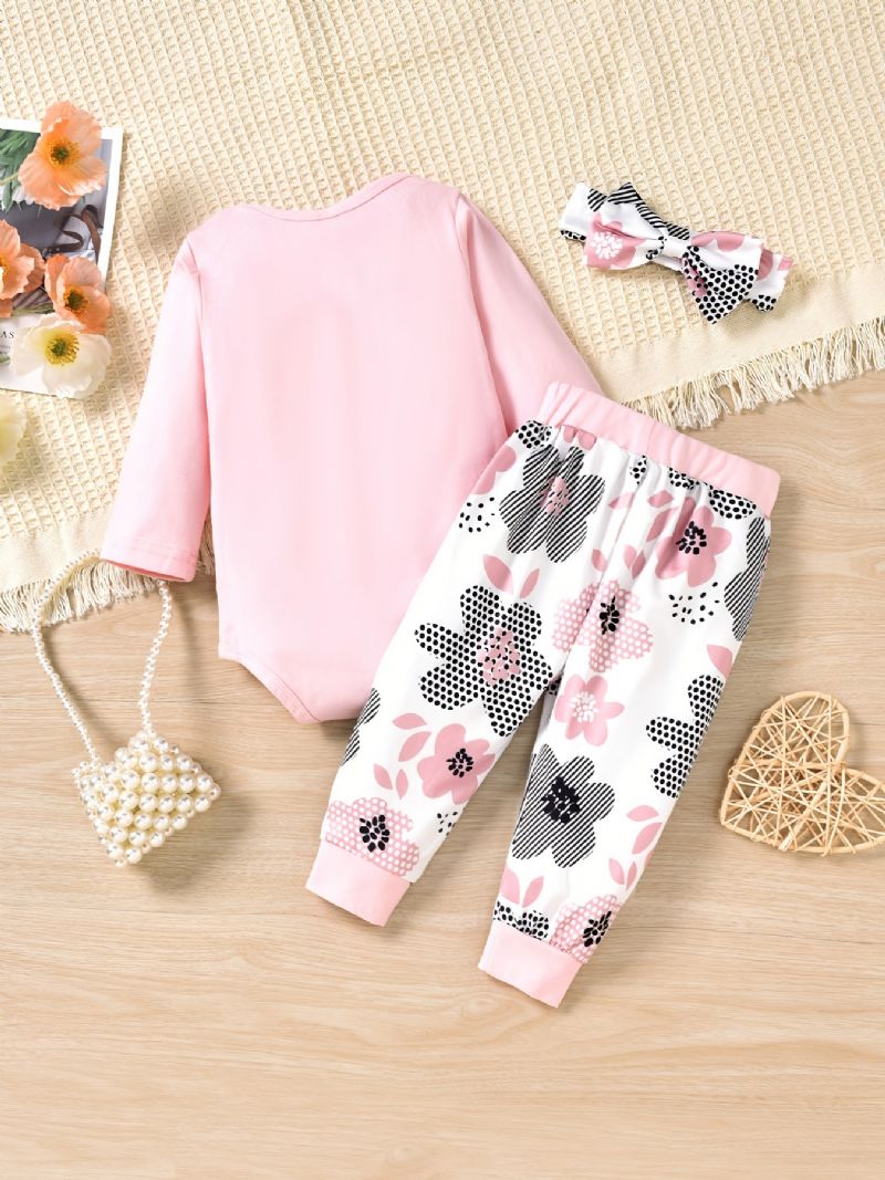 Babypiger Langærmet Bodysuit Onesie & Blomsterprint Bukser & Pandebånd Sæt