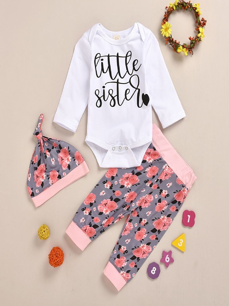 Babypiger Langærmet Bukser + Matchende Med Blomstertryk + Hattesæt Bodysuit Onesie Baby Layettesæt Tøj