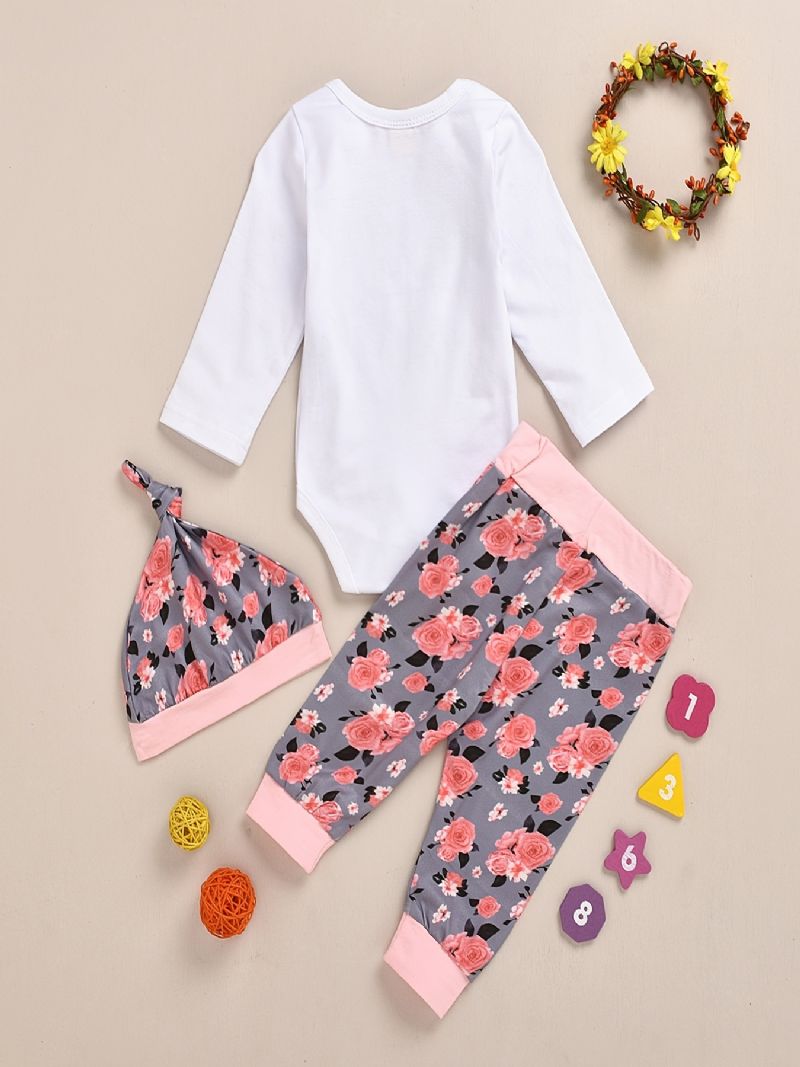 Babypiger Langærmet Bukser + Matchende Med Blomstertryk + Hattesæt Bodysuit Onesie Baby Layettesæt Tøj