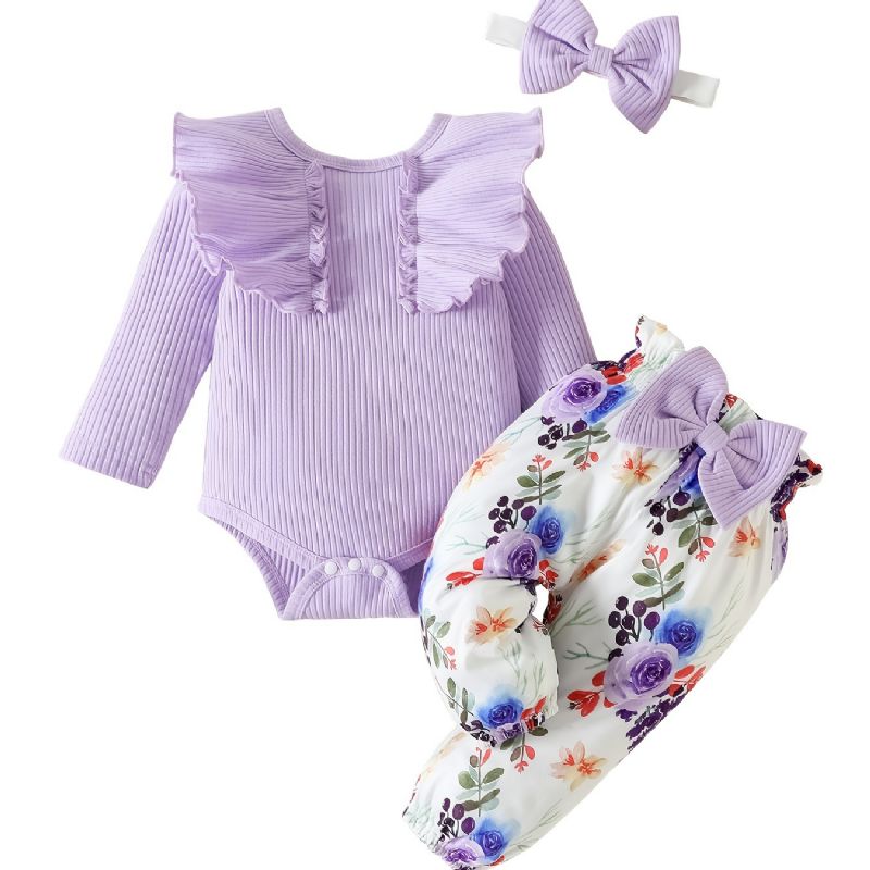 Babypiger Langærmet Flæsebukser + Matchende Bukser Med Blomsterprint + Pandebånd Bodysuit Onesie Babytøj Babydåb Layettesæt