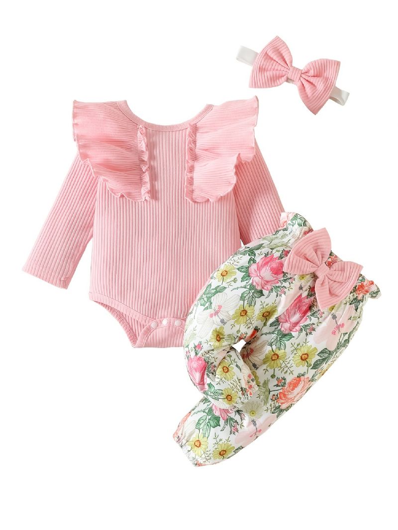 Babypiger Langærmet Flæsebukser + Matchende Bukser Med Blomsterprint + Pandebånd Bodysuit Onesie Babytøj Babydåb Layettesæt