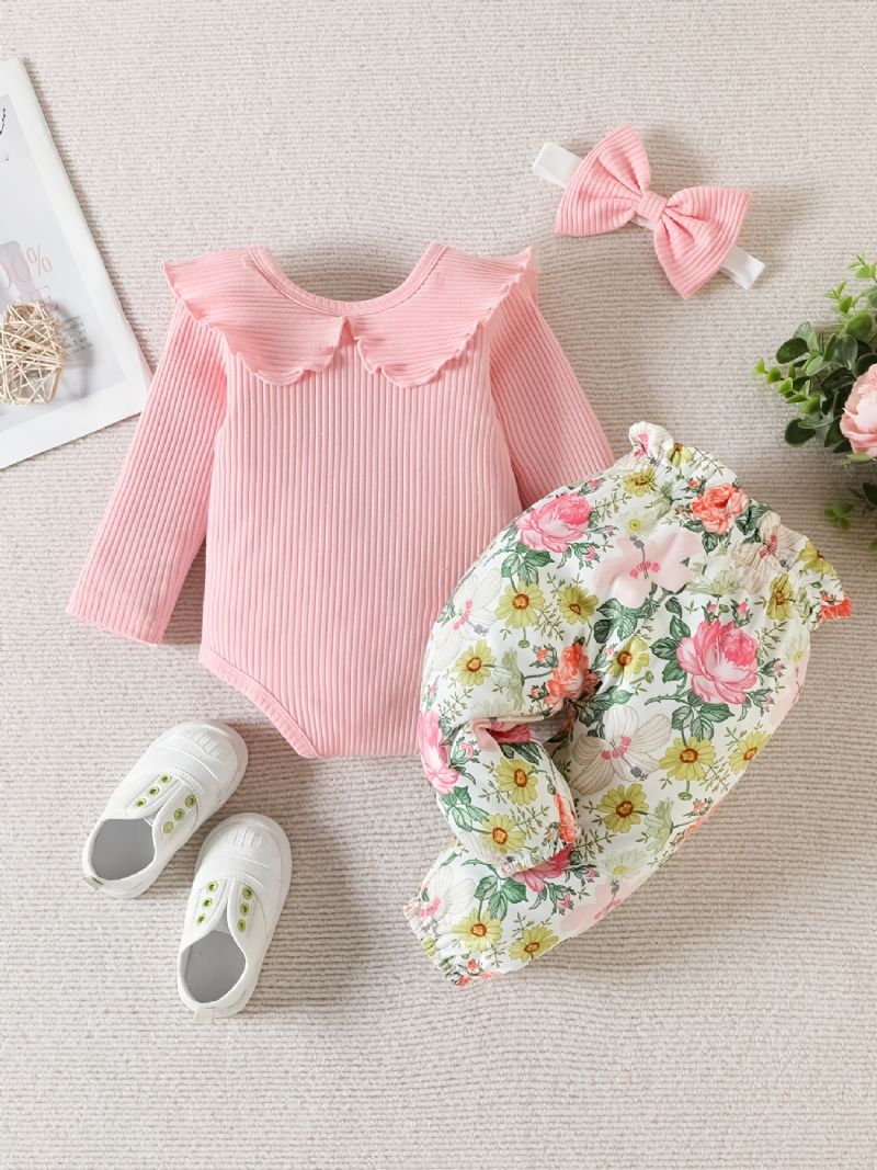 Babypiger Langærmet Flæsebukser + Matchende Bukser Med Blomsterprint + Pandebånd Bodysuit Onesie Babytøj Babydåb Layettesæt