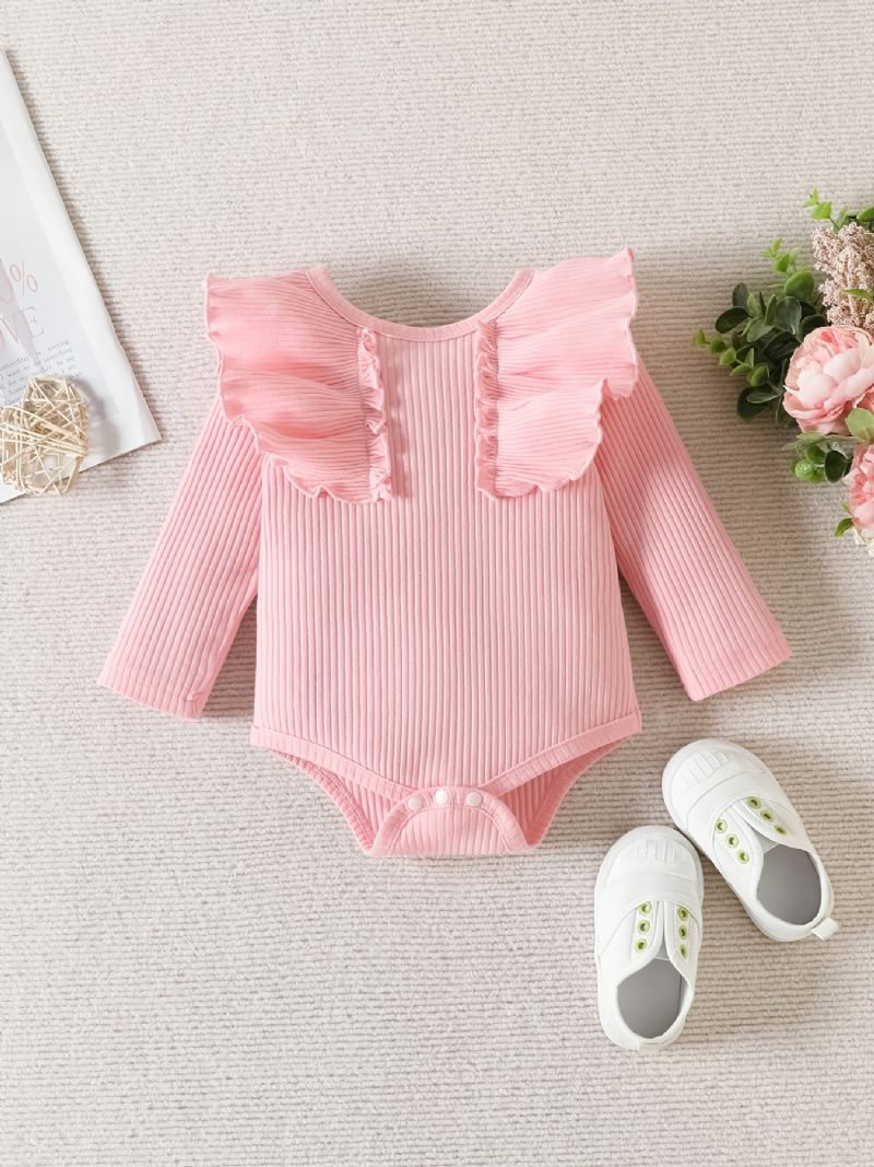 Babypiger Langærmet Flæsebukser + Matchende Bukser Med Blomsterprint + Pandebånd Bodysuit Onesie Babytøj Babydåb Layettesæt