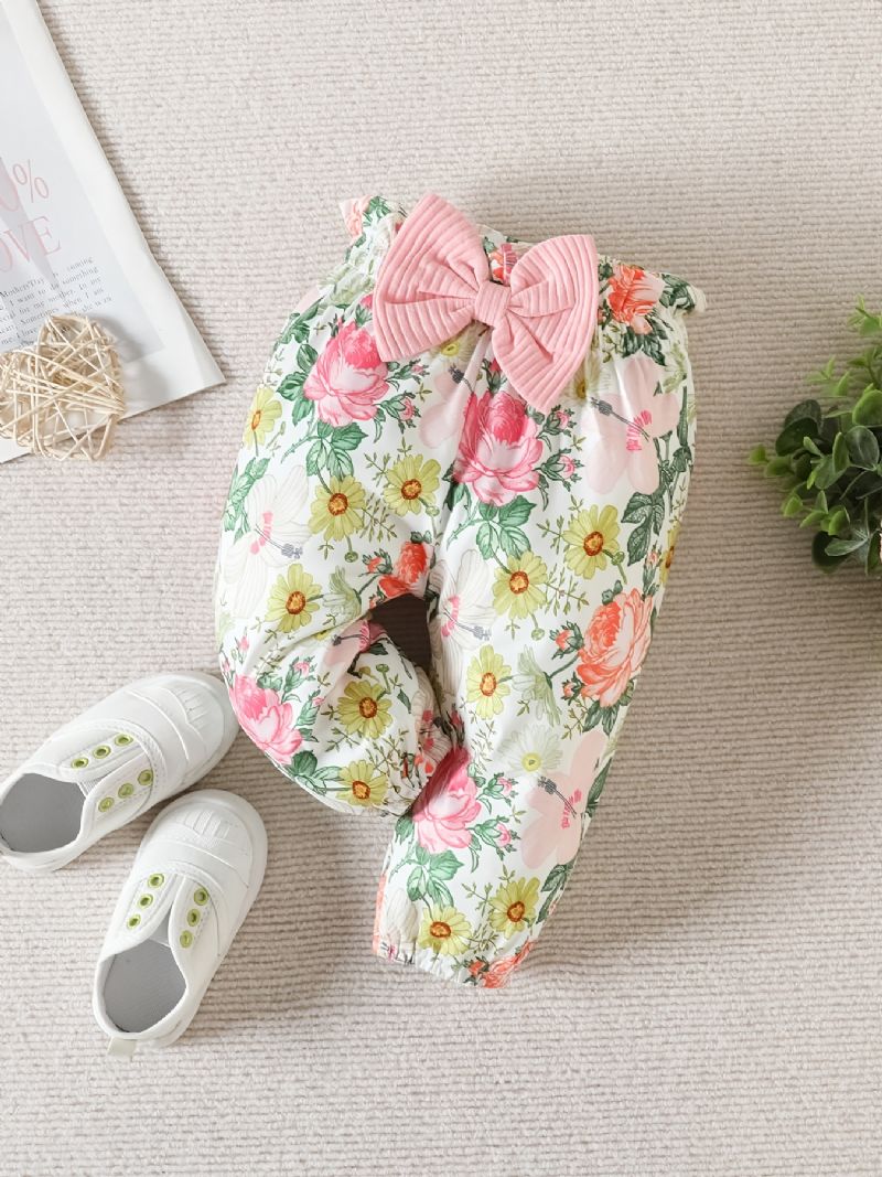 Babypiger Langærmet Flæsebukser + Matchende Bukser Med Blomsterprint + Pandebånd Bodysuit Onesie Babytøj Babydåb Layettesæt