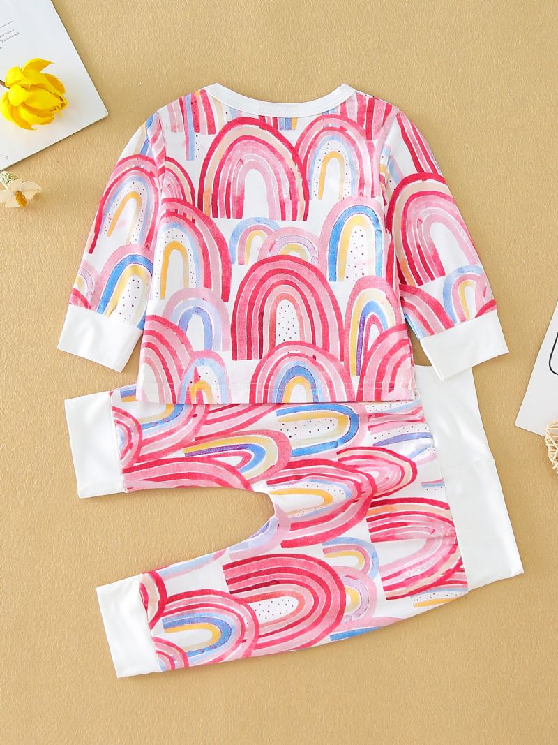 Babypiger Langærmet Pullover Top + Bukser Sæt Med Regnbuemønster Babytøj