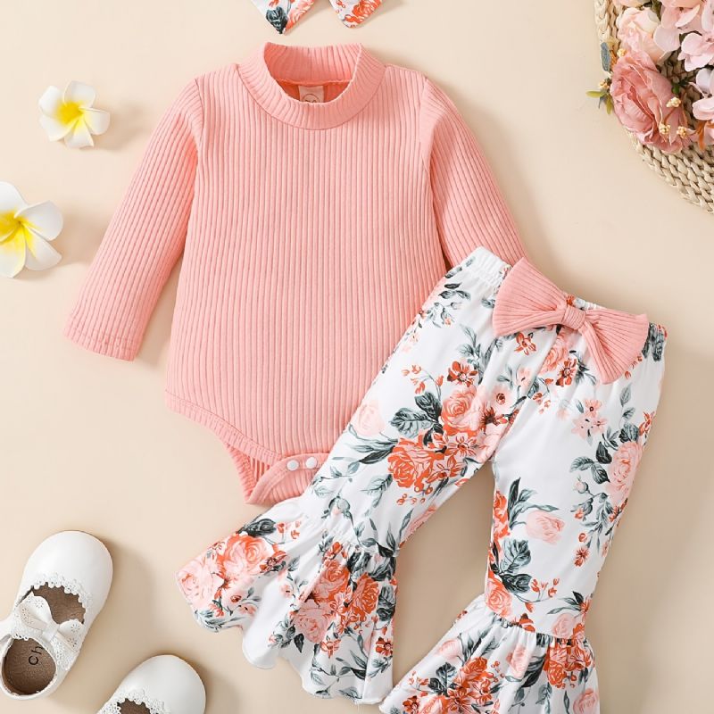 Babypiger Langærmet Rullebukser + Blomstermønster Udvidede Bukser + Pandebånd Sæt Babytøj Outfit