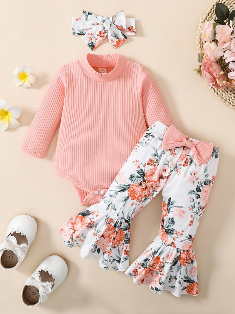 Babypiger Langærmet Rullebukser + Blomstermønster Udvidede Bukser + Pandebånd Sæt Babytøj Outfit