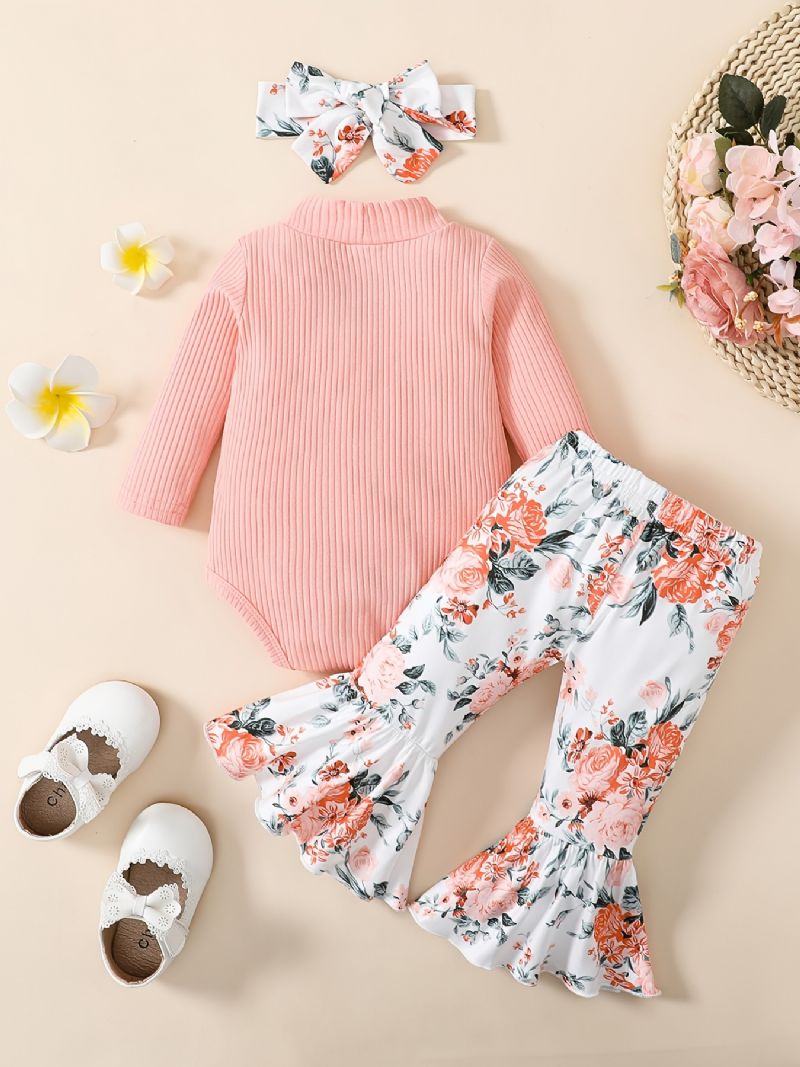 Babypiger Langærmet Rullebukser + Blomstermønster Udvidede Bukser + Pandebånd Sæt Babytøj Outfit