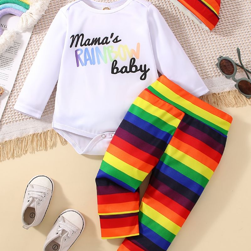 Babypiger Mama's Rainbow Babybodysuit & Regnbuestribede Bukser & Hattesæt Newborn Babysæt