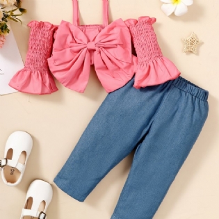 Babypiger Off Shoulder Bowknot Camisole + Solid Elastisk Taljebuksesæt Babytøj