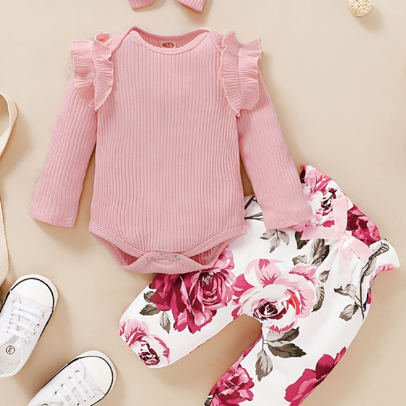 Babypiger Outfit Sæt Langærmet Ripped Bodysuit & Blomsterprint & Pandebånd