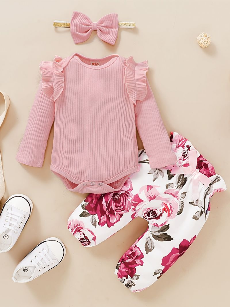 Babypiger Outfit Sæt Langærmet Ripped Bodysuit & Blomsterprint & Pandebånd