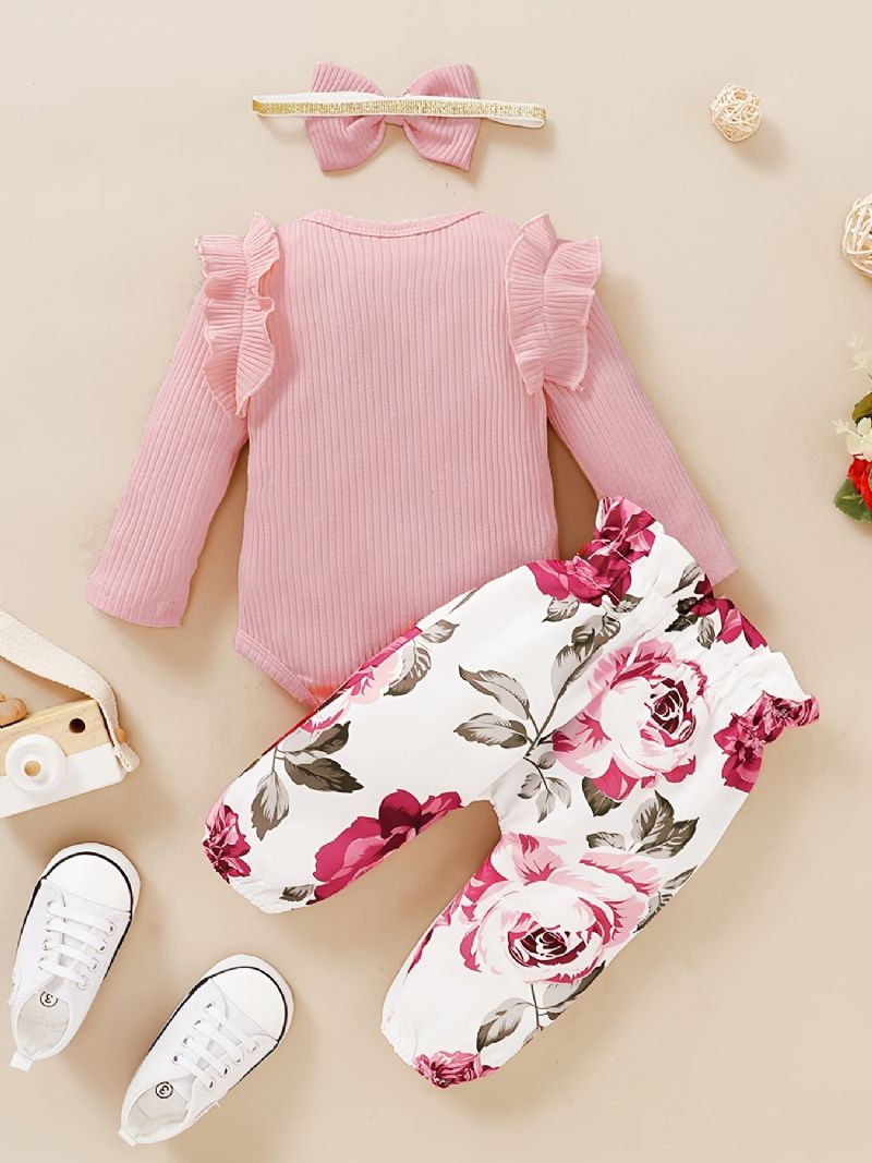 Babypiger Outfit Sæt Langærmet Ripped Bodysuit & Blomsterprint & Pandebånd