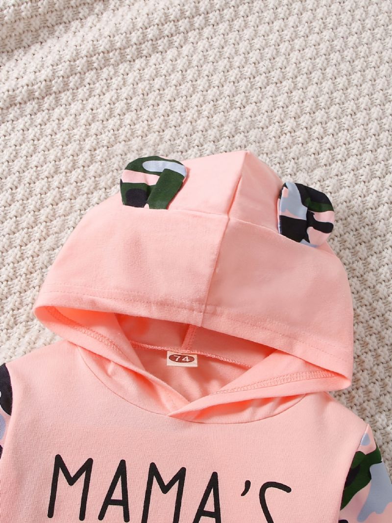 Babypiger Sød Camouflage Letter Print Hættetrøje & Bukser Sæt Til Vinter Pink