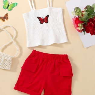 Babypiger Sommerfugletryk Cami Top & Ensfarvet Pocket Shorts Børnetøj Sæt