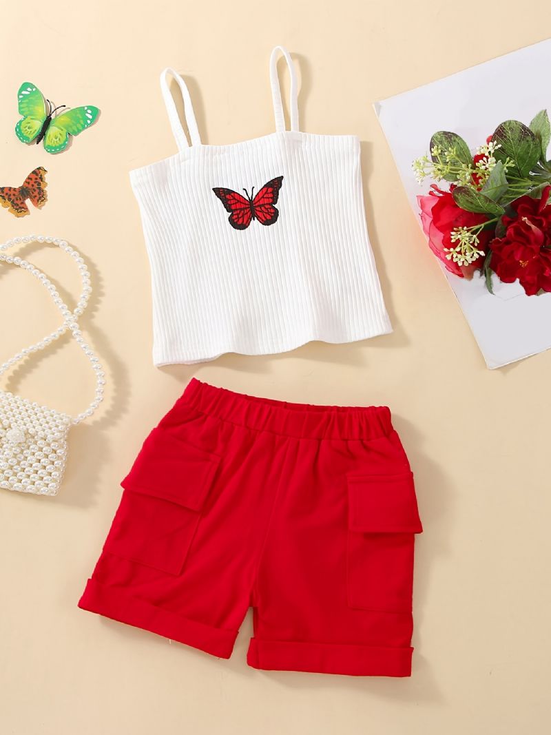 Babypiger Sommerfugletryk Cami Top & Ensfarvet Pocket Shorts Børnetøj Sæt