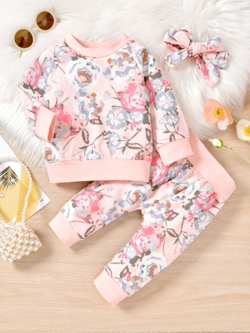 Babypiger Sweatshirt & Matchende Bukser & Pandebånd Sæt Vint Blomsterprint