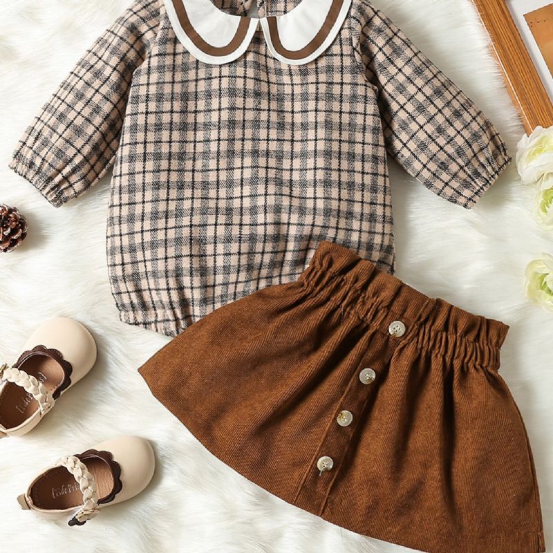 Babypiger Vintage Sødt Sæt Med Plaid Buksebukser & Elastisk Taljenederdel Til Vinter