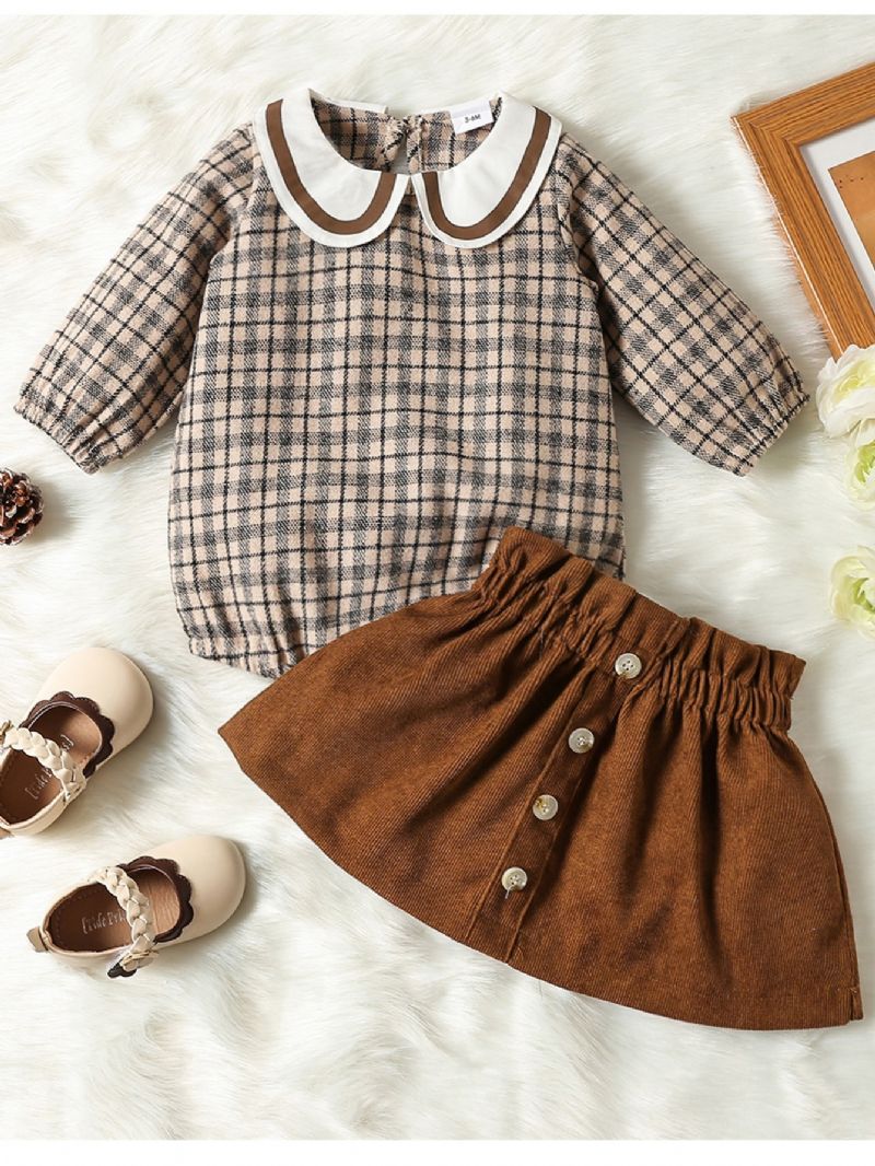 Babypiger Vintage Sødt Sæt Med Plaid Buksebukser & Elastisk Taljenederdel Til Vinter