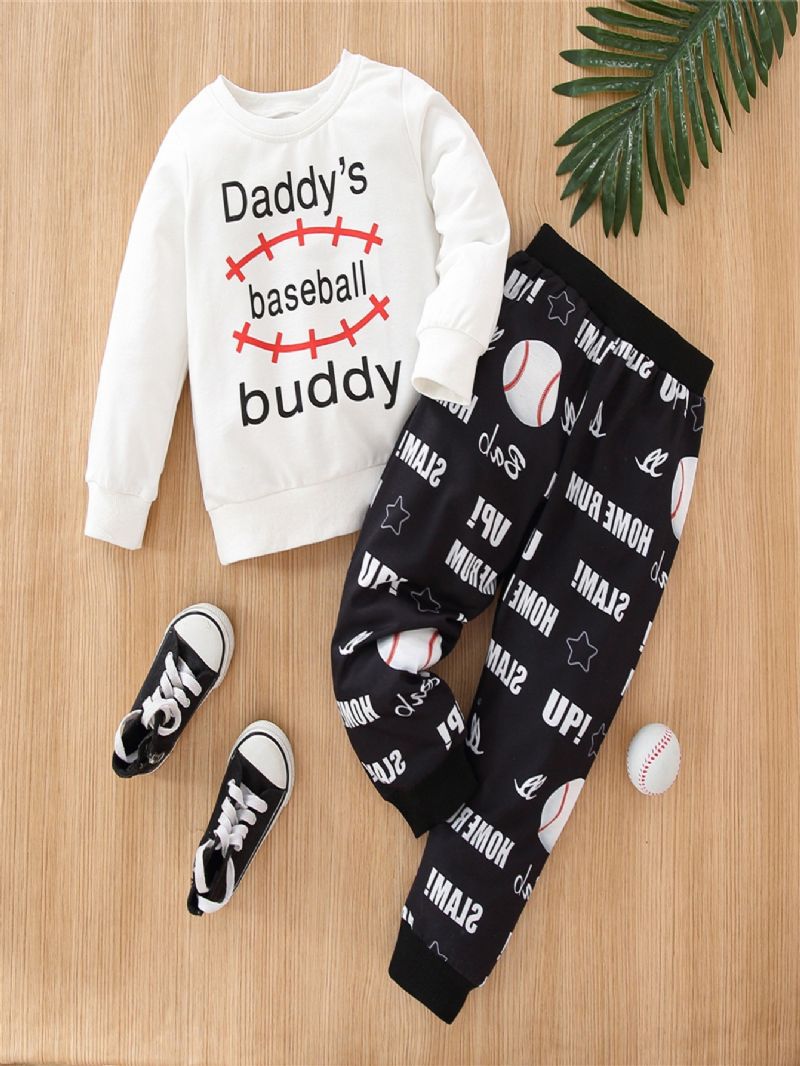 Drenge Piger Casual Sæt Med Fars Baseball Buddy Print Sweatshirt & Sweatpants Til Vinter