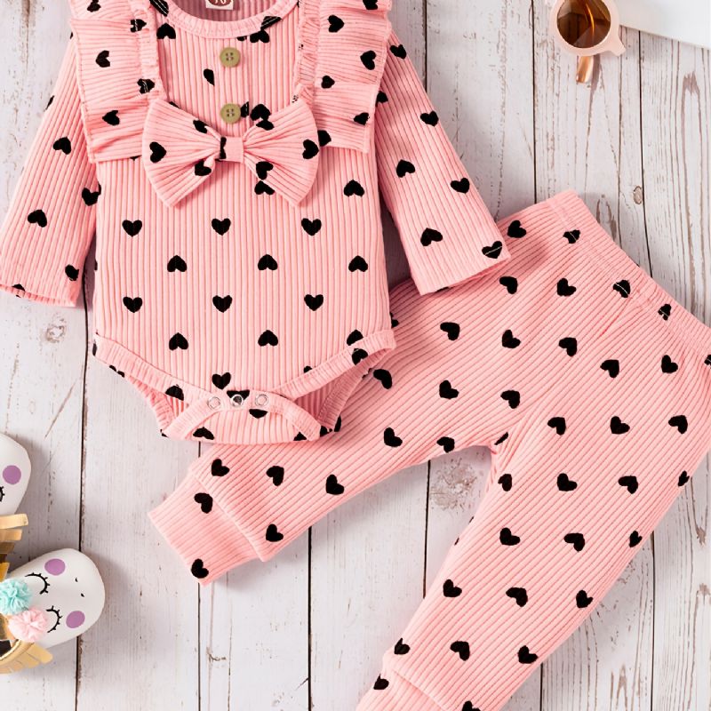 Efterår Vinter Baby Pige Hjerte Mønster Pink Bodysuit Sæt