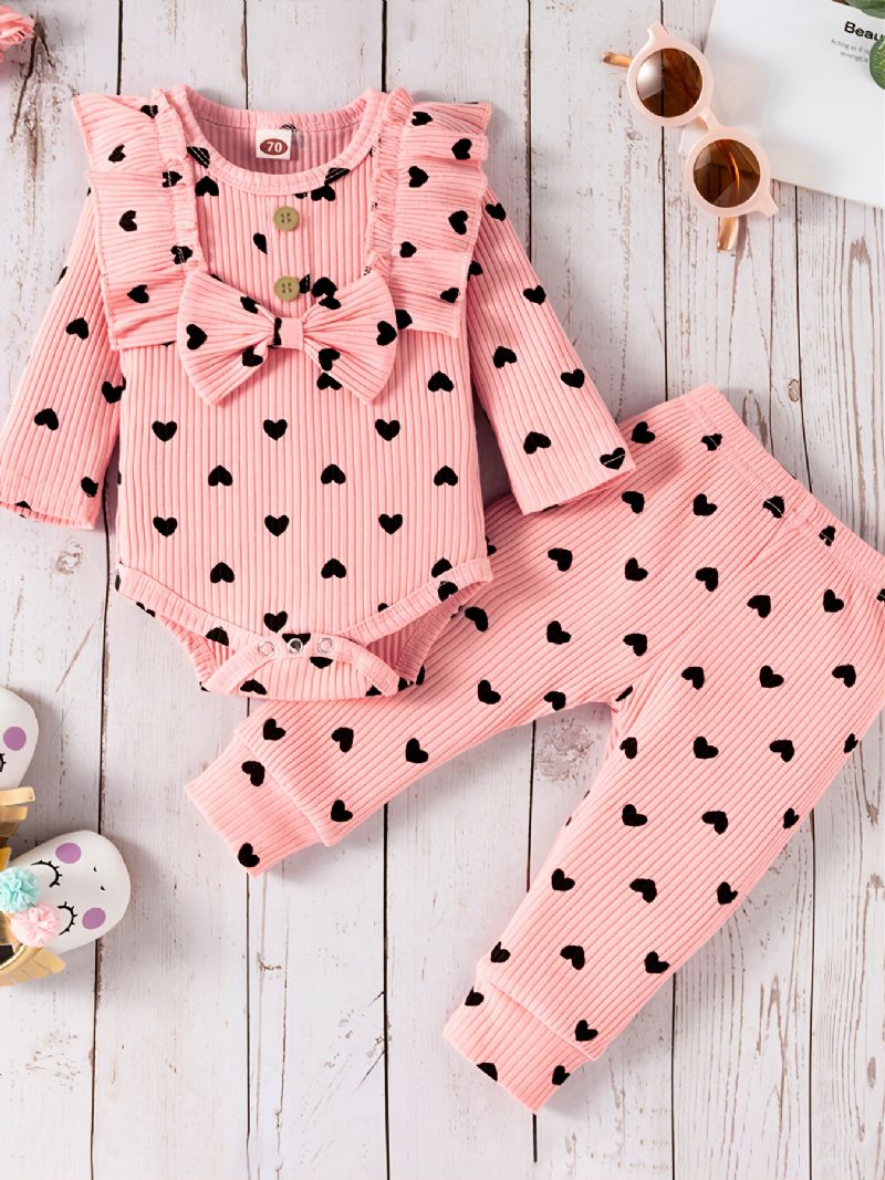 Efterår Vinter Baby Pige Hjerte Mønster Pink Bodysuit Sæt