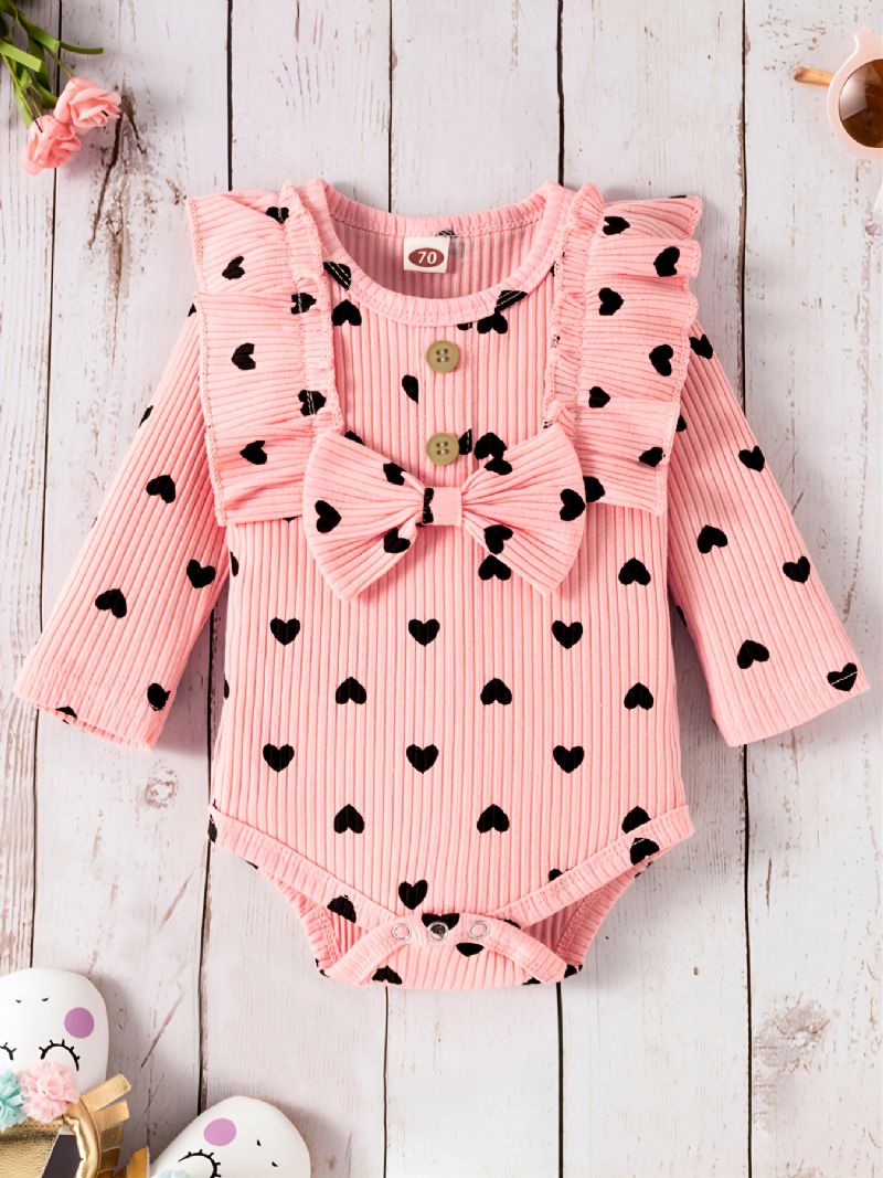 Efterår Vinter Baby Pige Hjerte Mønster Pink Bodysuit Sæt