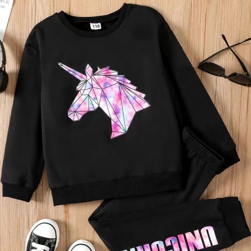 Efterår Vinter Piger Casual Unicorn Sweatshirt Bukser 2 Stk Sæt