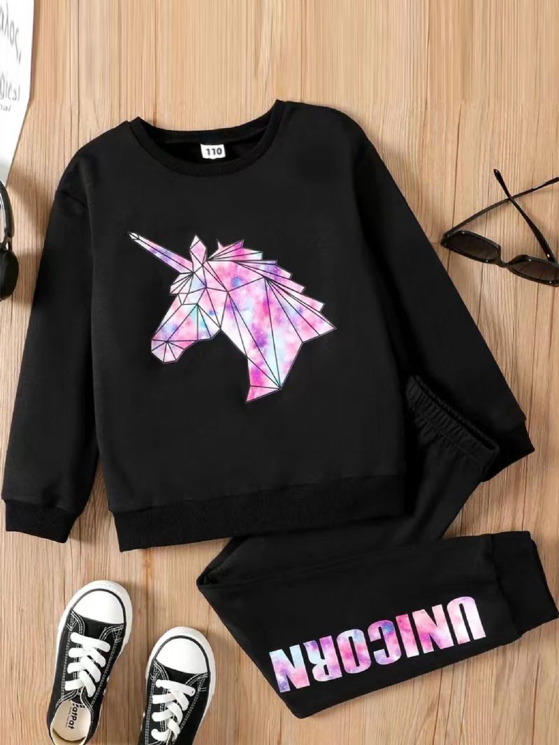 Efterår Vinter Piger Casual Unicorn Sweatshirt Bukser 2 Stk Sæt