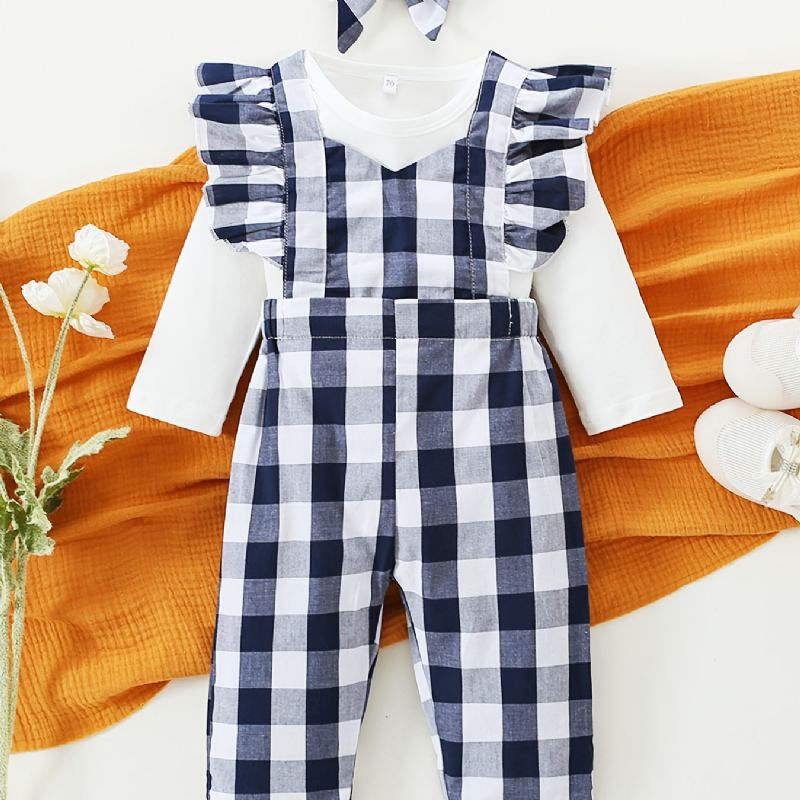 Langærmet Bukser Til Piger + Matchende Plaid Overalls + Pandebåndsæt Babytøj Outfit Bodysuit Onesie