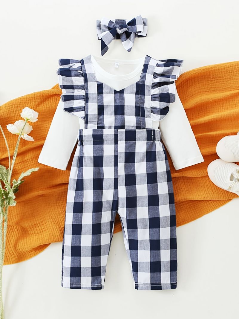 Langærmet Bukser Til Piger + Matchende Plaid Overalls + Pandebåndsæt Babytøj Outfit Bodysuit Onesie