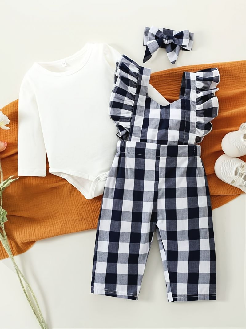 Langærmet Bukser Til Piger + Matchende Plaid Overalls + Pandebåndsæt Babytøj Outfit Bodysuit Onesie