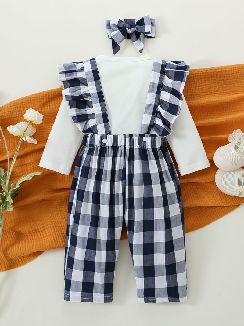 Langærmet Bukser Til Piger + Matchende Plaid Overalls + Pandebåndsæt Babytøj Outfit Bodysuit Onesie