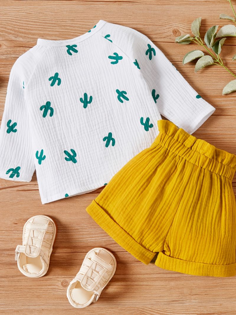 Newborn Toddler Cactus Print Langærmede Cardigan & Flæseshorts Sæt Til Babypiger