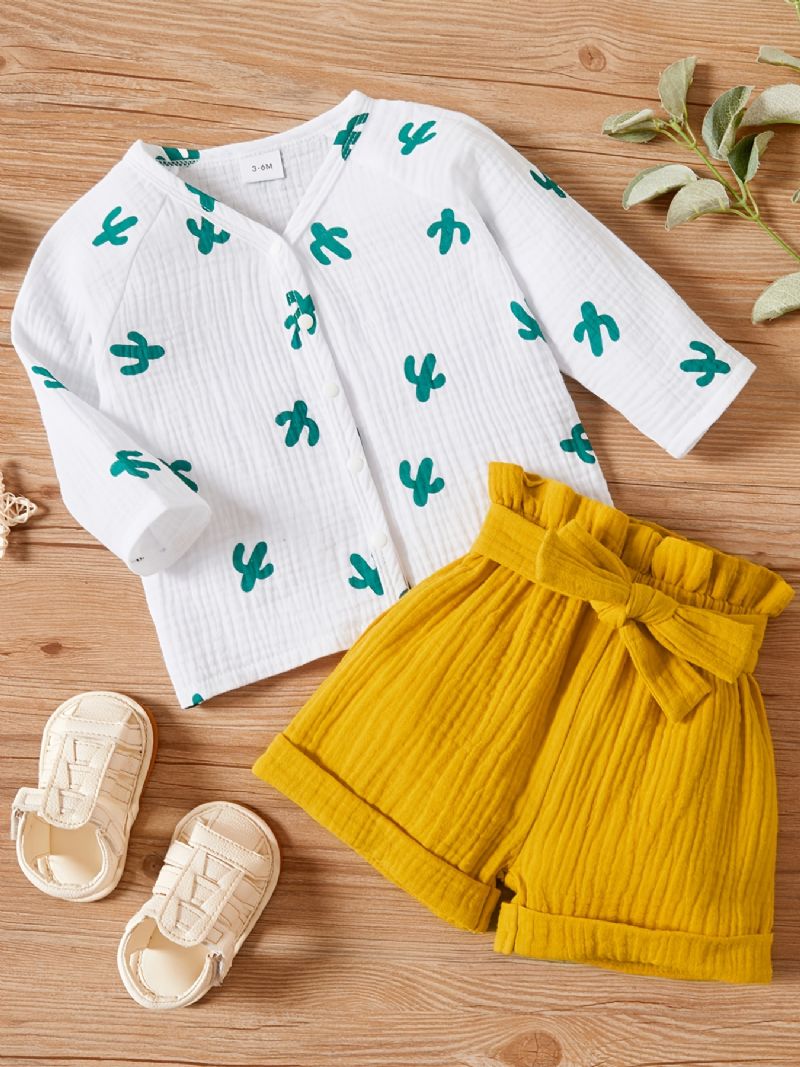 Newborn Toddler Cactus Print Langærmede Cardigan & Flæseshorts Sæt Til Babypiger