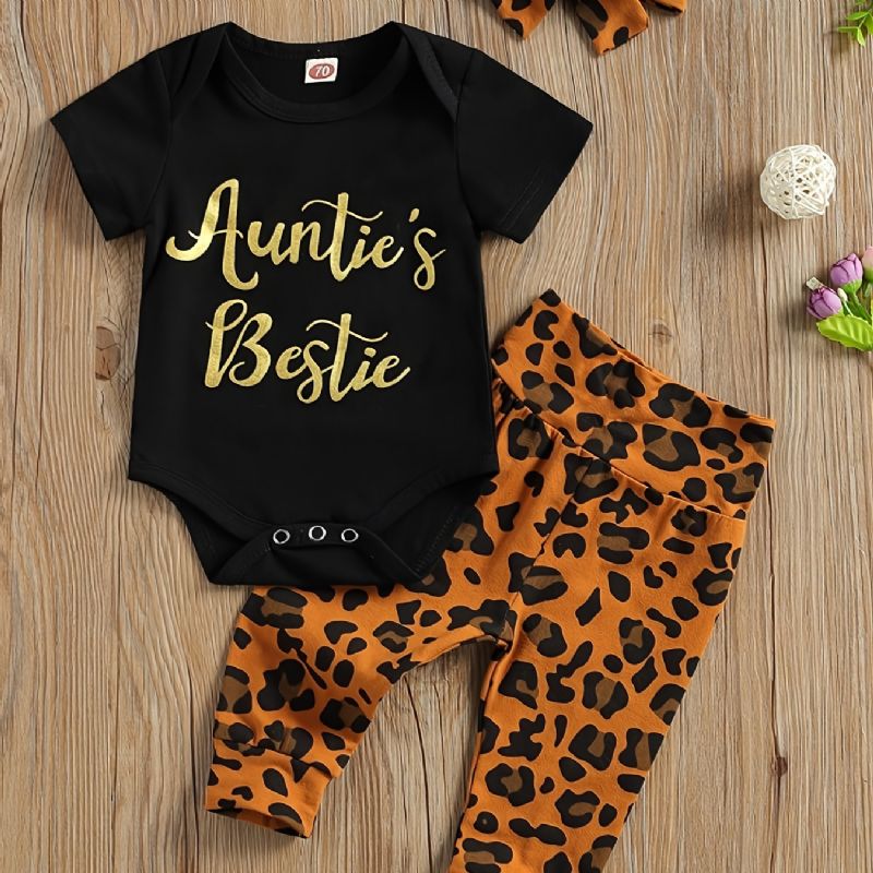 Nyfødt Pige Kortærmet Romper + Leopard Print Bukser Sæt Babytøj Outfits Bodysuit