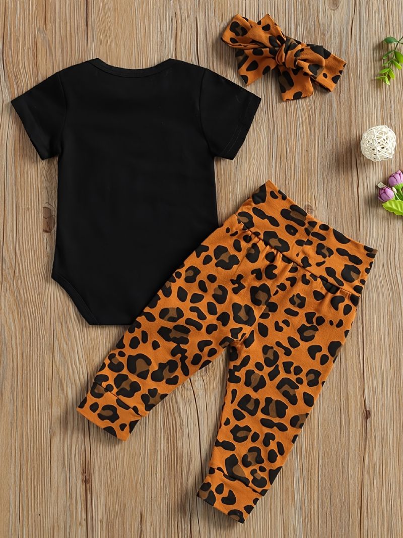 Nyfødt Pige Kortærmet Romper + Leopard Print Bukser Sæt Babytøj Outfits Bodysuit