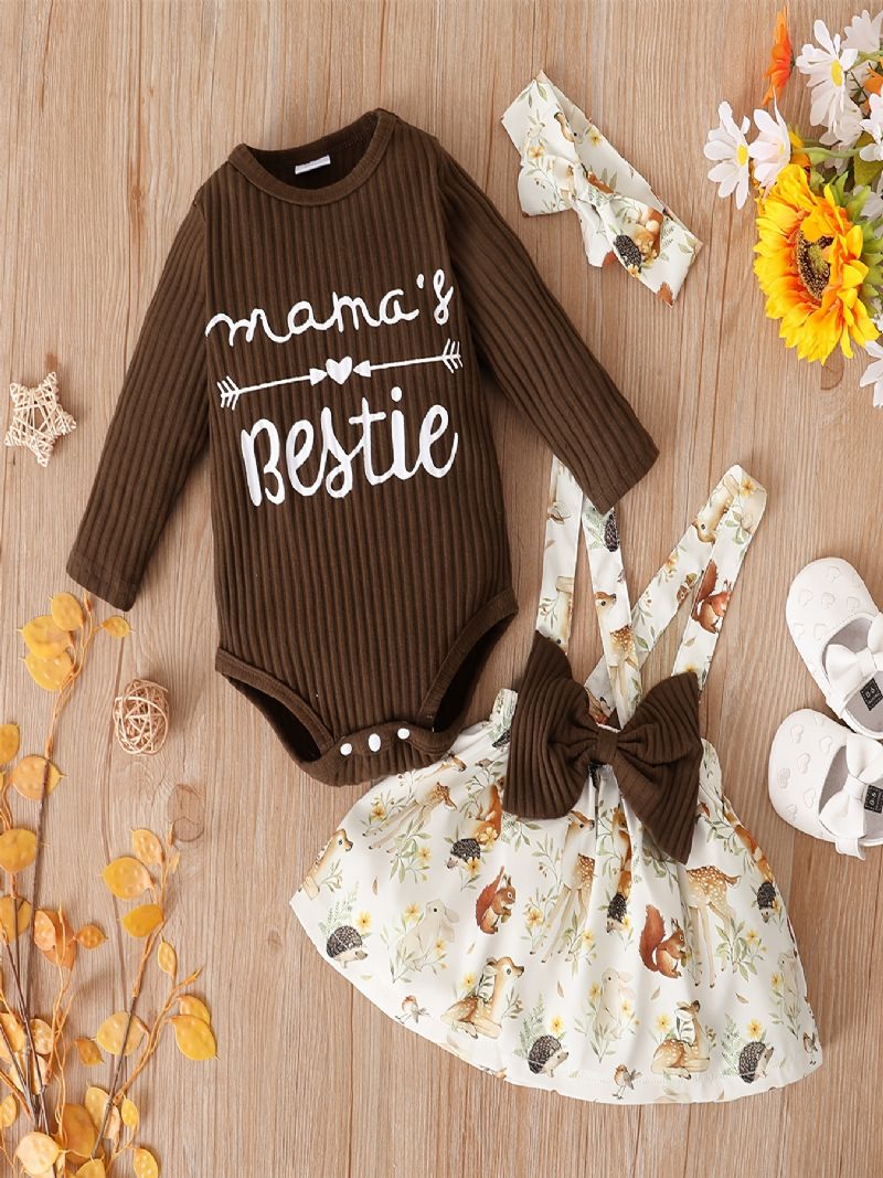 Nyfødte Babypiger Langærmet Romper Bodysuit + Suspender Nederdel + Pandebånd Sæt Baby Layette Sæt Babydåb Babytøj Outfit