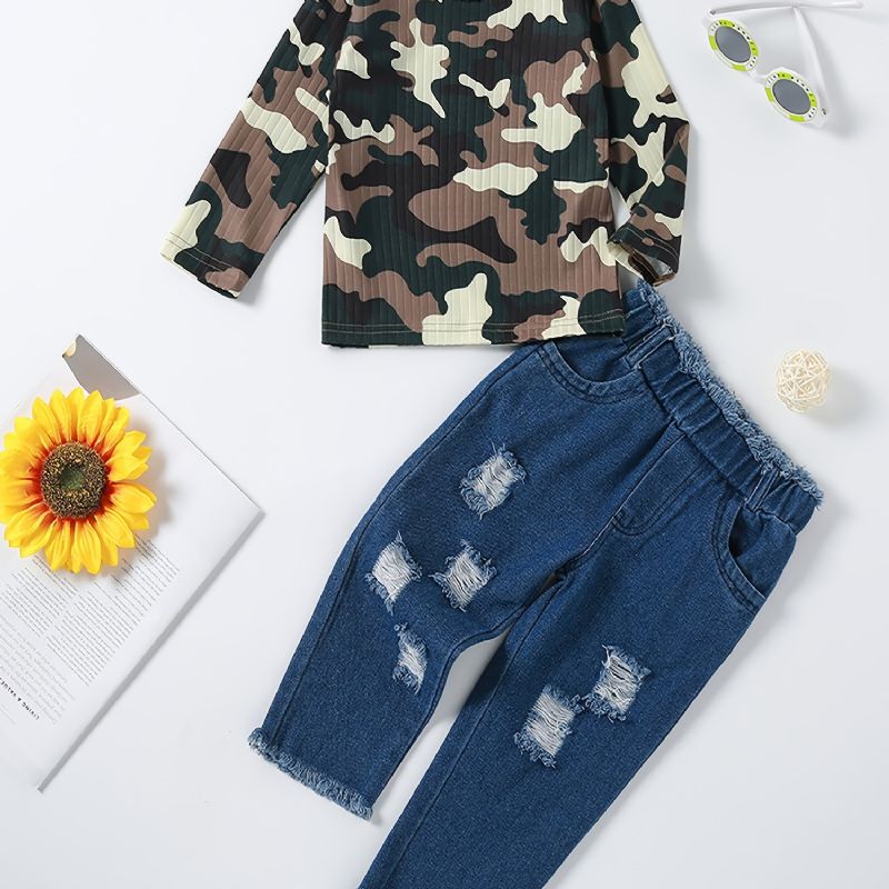 Pige Camo Sleeve Top + Ripped Raw Hem Jeans Sæt Børnetøj