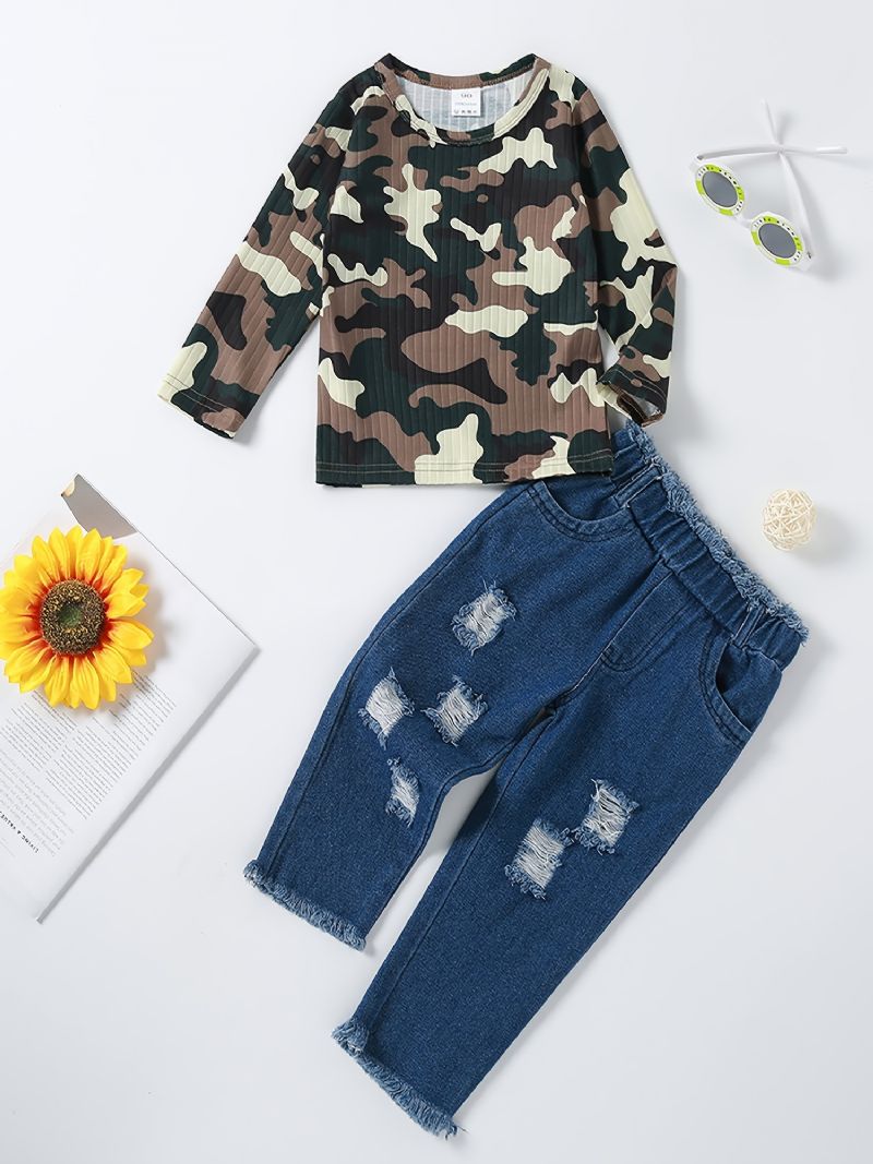 Pige Camo Sleeve Top + Ripped Raw Hem Jeans Sæt Børnetøj