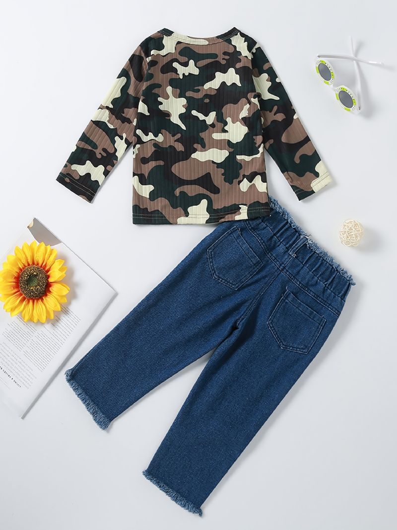 Pige Camo Sleeve Top + Ripped Raw Hem Jeans Sæt Børnetøj